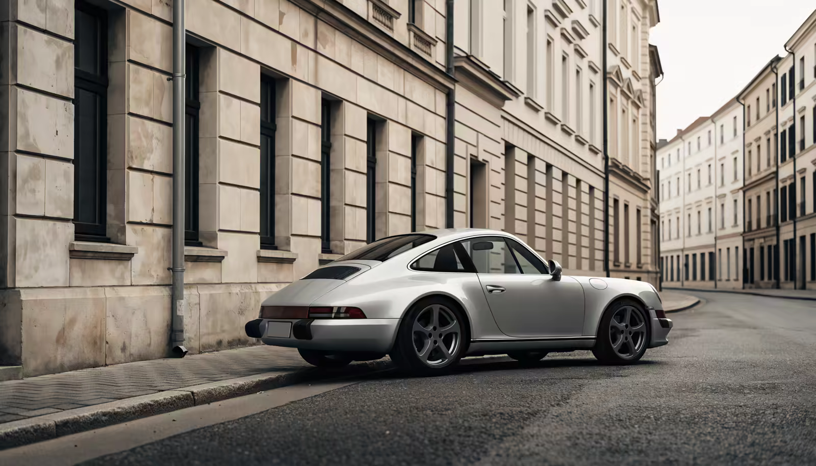 Silver Porsche 911 parked on a quiet city street